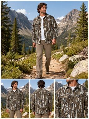 Vintage Duck Bay TreBark Camo Hunting Shirt Jacket 4 Pocket Button Front Large